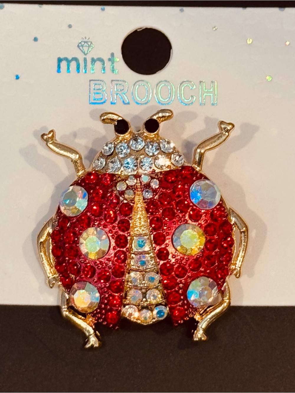 Mint Gold-Tone Ladybug Brooch Red & Iridescent Crystal Insect Pin NWT